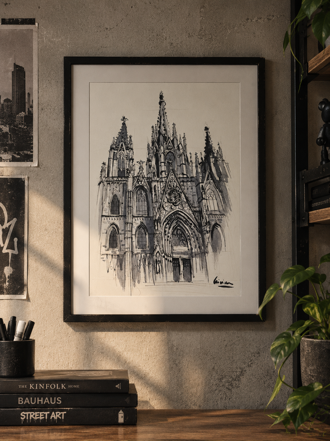 Dibujo a tinta de arquitectura gótica, enmarcado