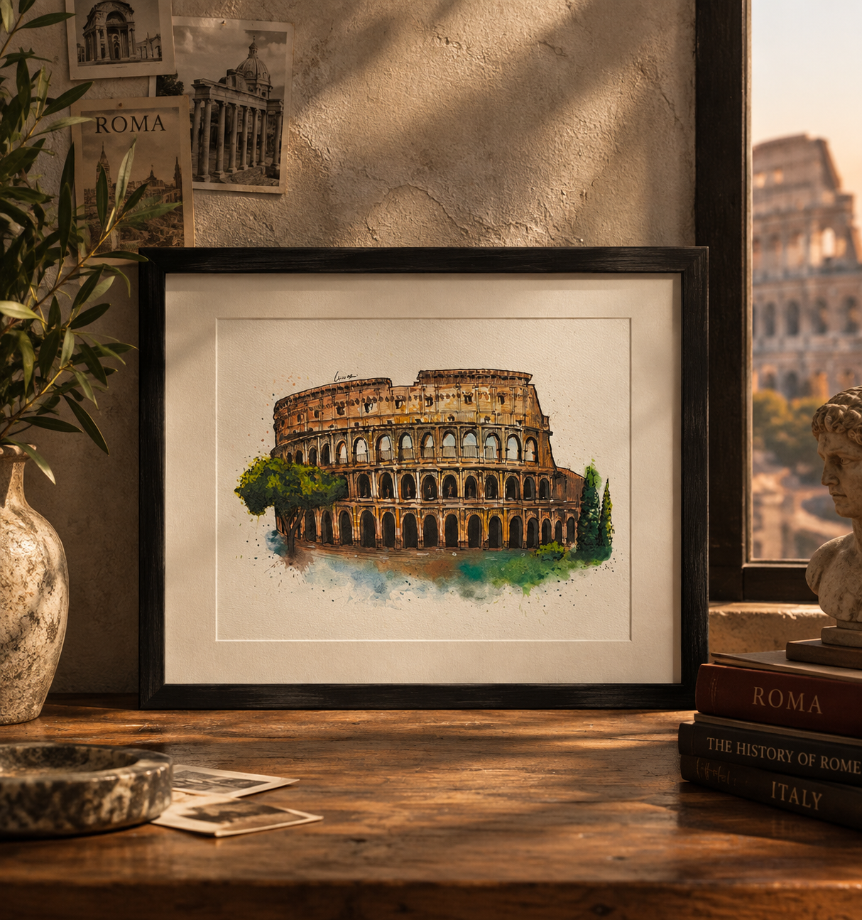 Ilustración del Coliseo de Roma en acuarela, enmarcada